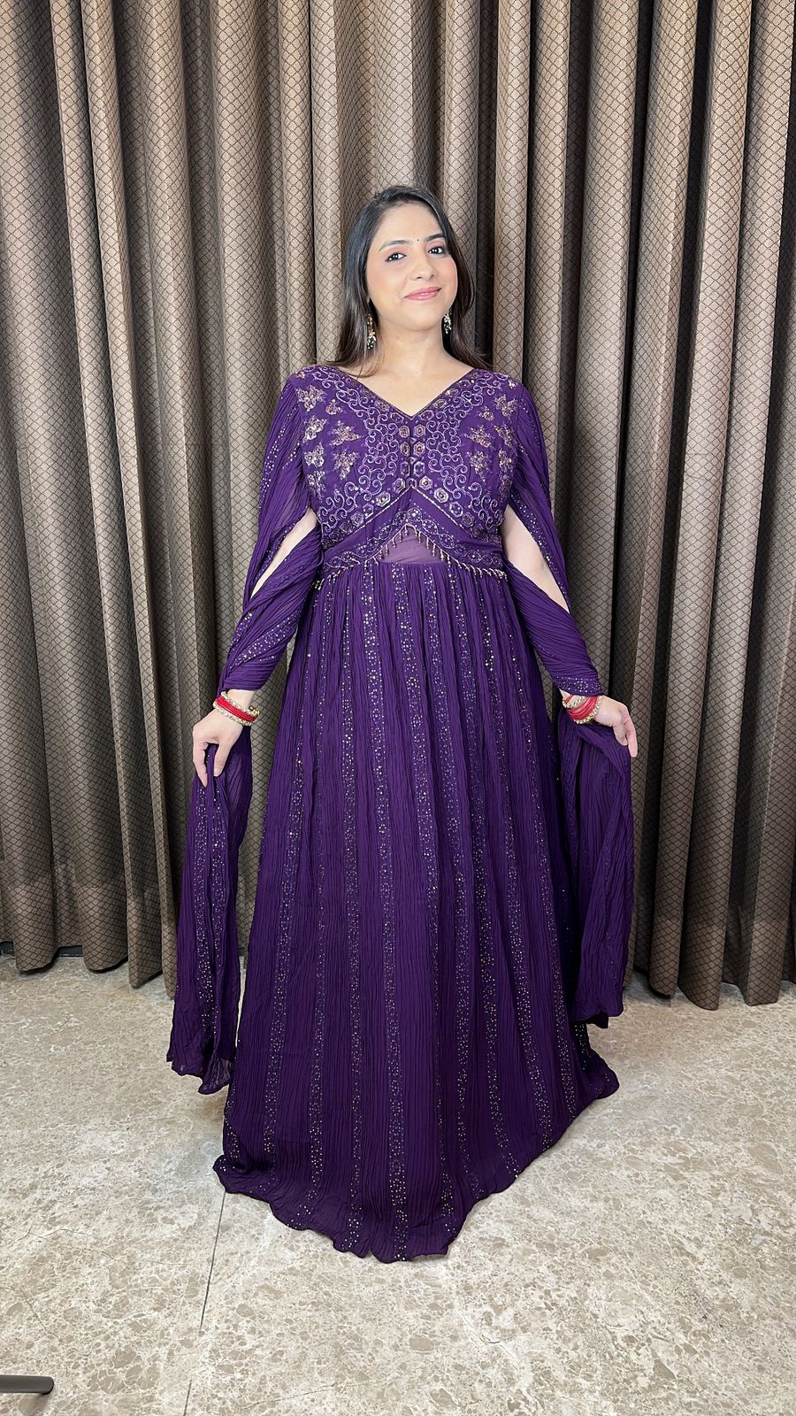 Purple Embellished Cape Style Anarkali Gown