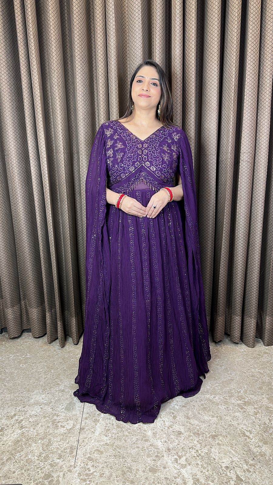 Purple Embellished Cape Style Anarkali Gown