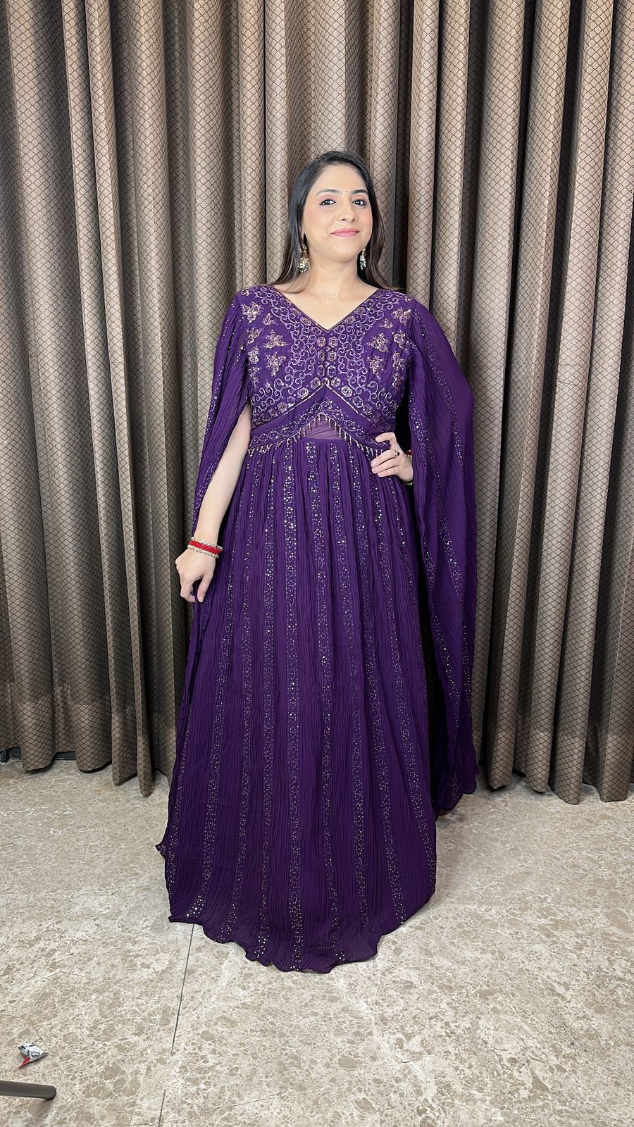 Purple Embellished Cape Style Anarkali Gown