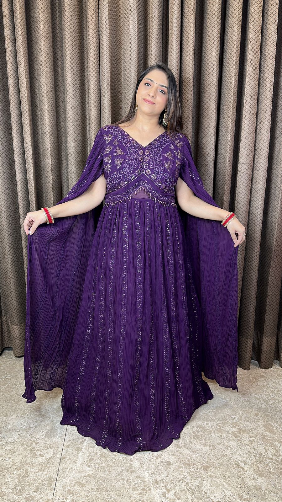 Purple Embellished Cape Style Anarkali Gown
