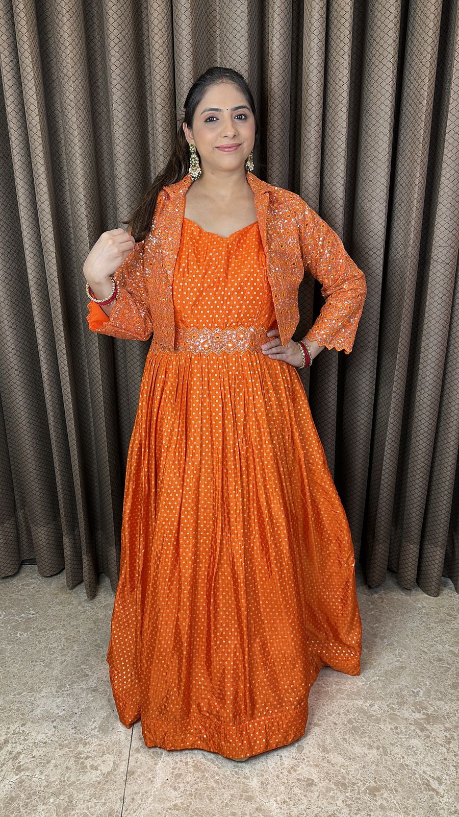 Orange Sequin Embellished Gown with Jacket