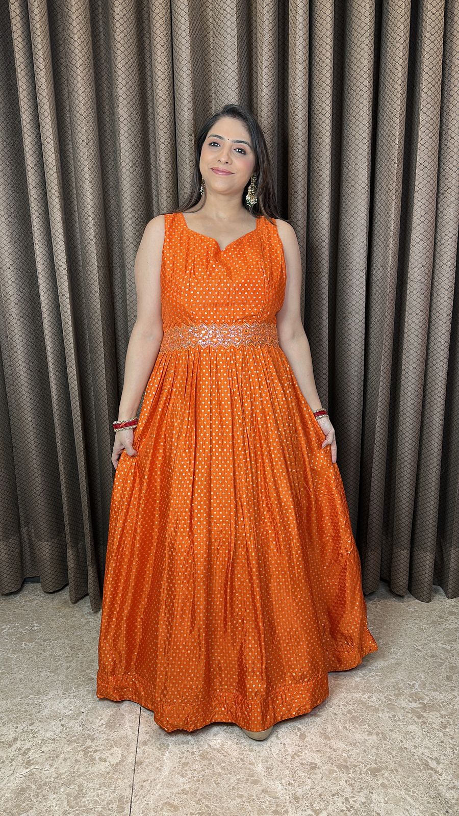 Orange Sequin Embellished Gown with Jacket
