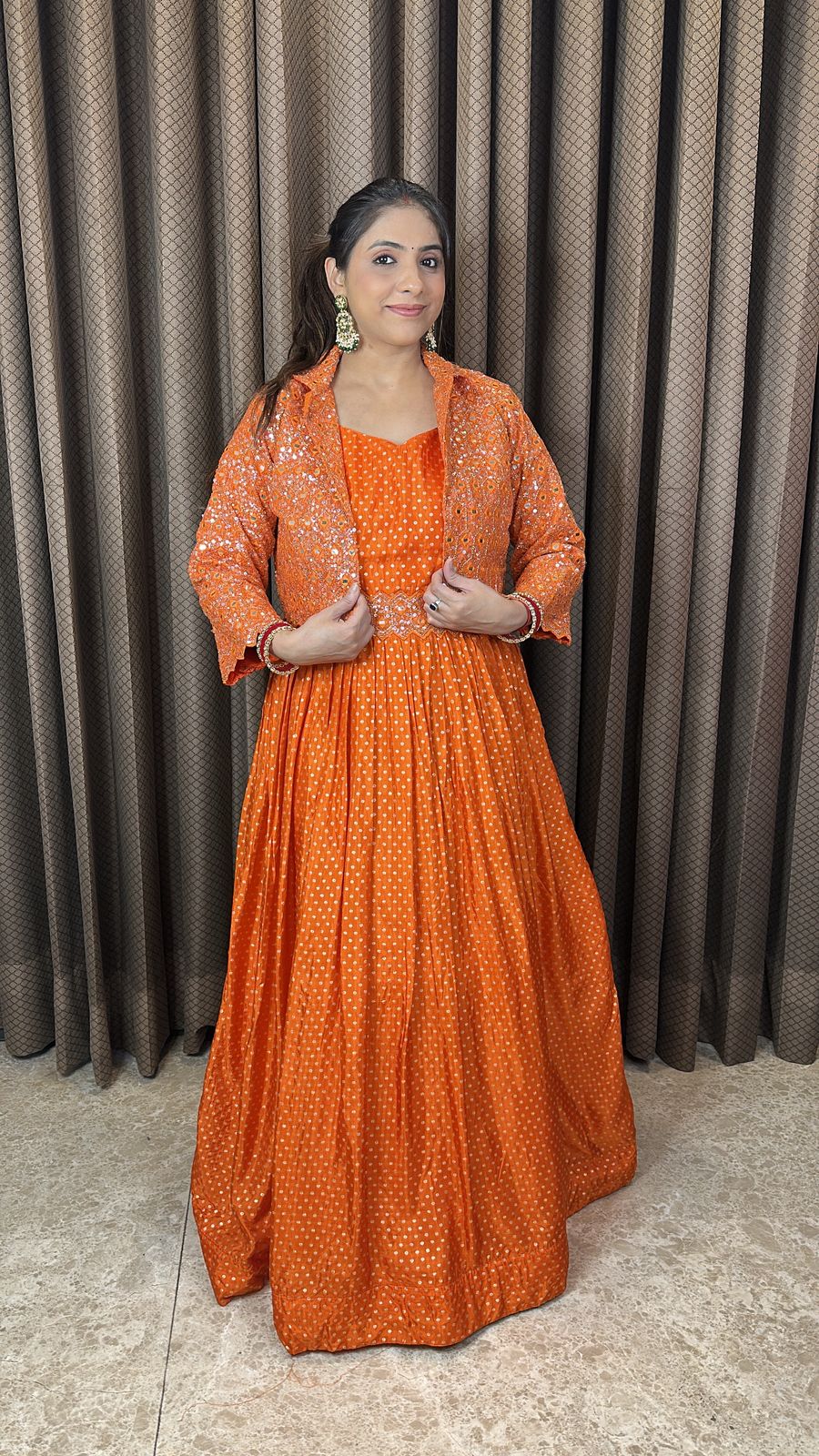 Orange Sequin Embellished Gown with Jacket