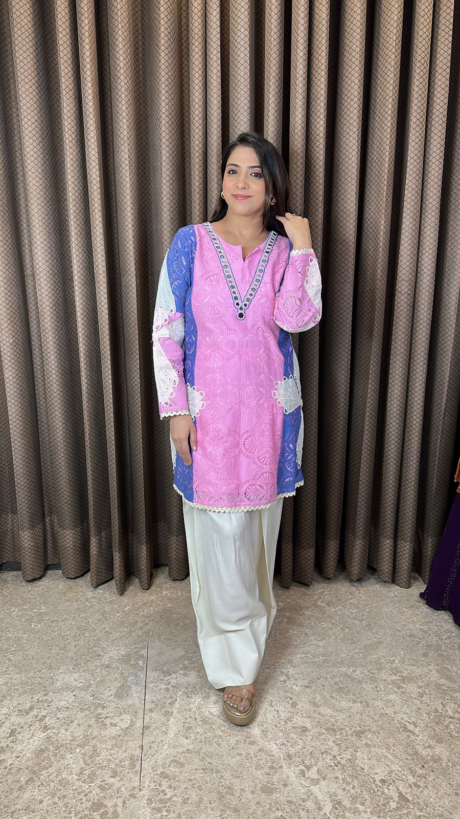 Pastel Pink & Blue Embroidered Co-ord Set with Farshi Salwar