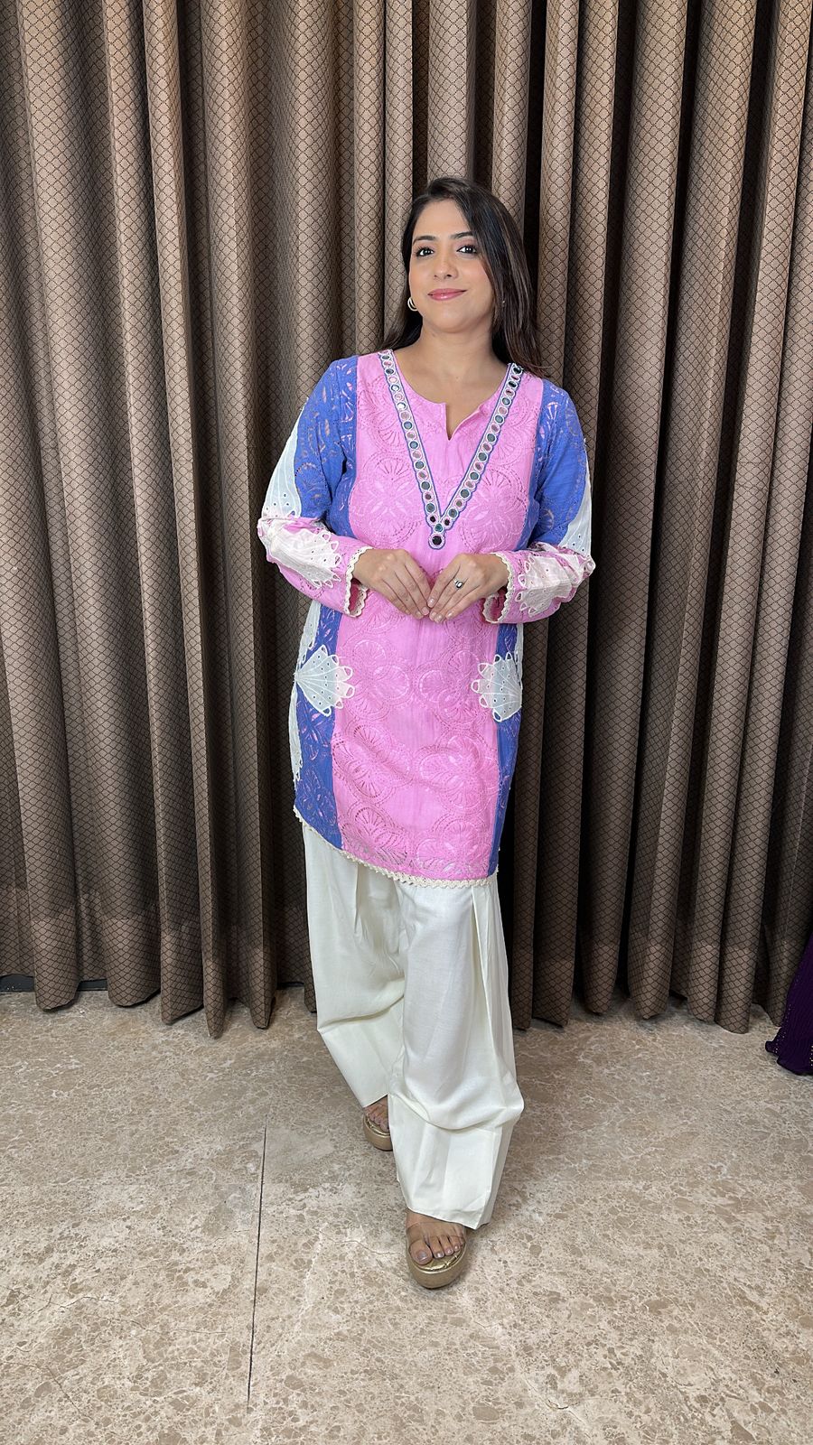 Pastel Pink & Blue Embroidered Co-ord Set with Farshi Salwar