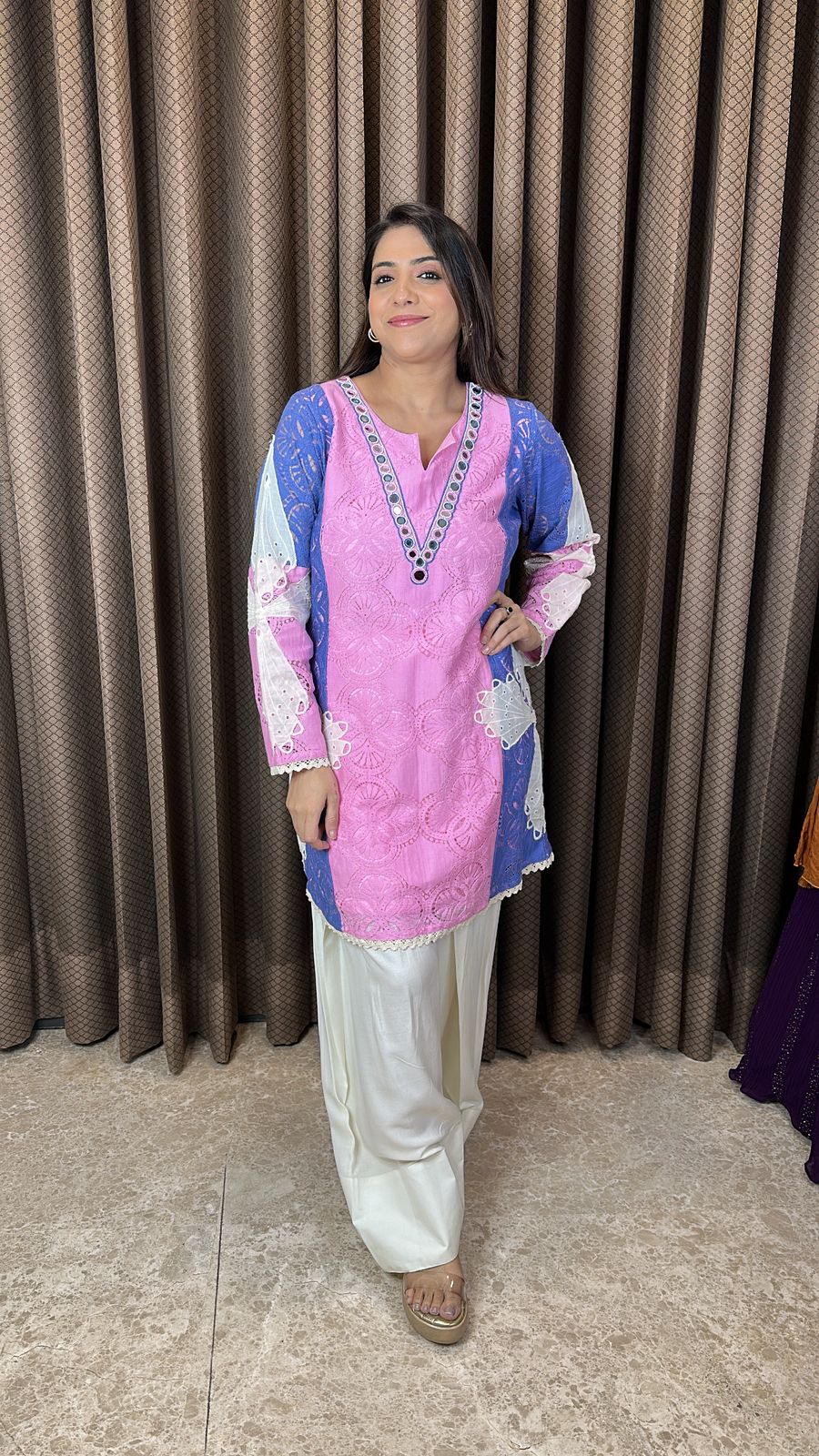 Pastel Pink & Blue Embroidered Co-ord Set with Farshi Salwar