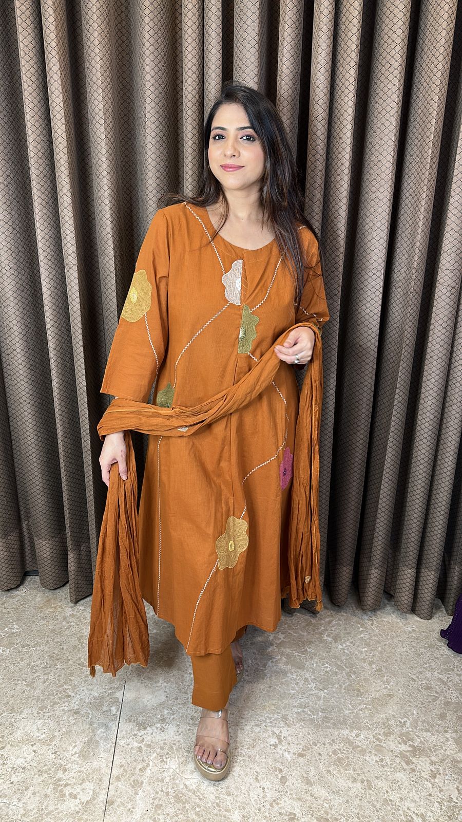 Rust Brown Floral Appliqué Kurta Set with Dupatta