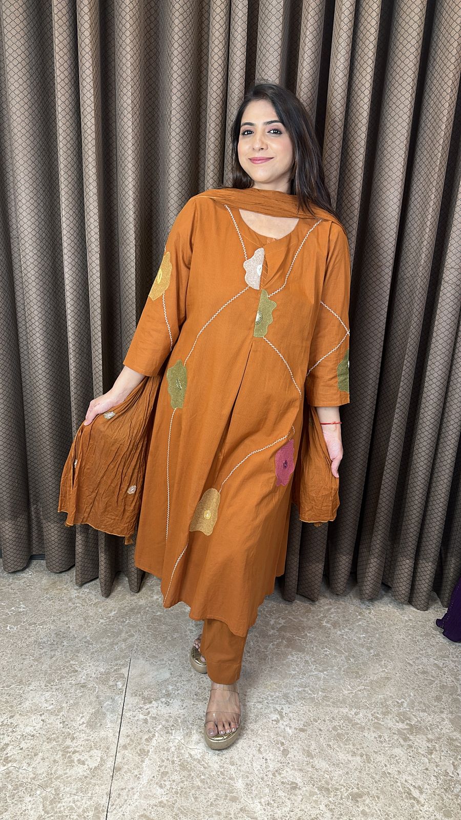 Rust Brown Floral Appliqué Kurta Set with Dupatta