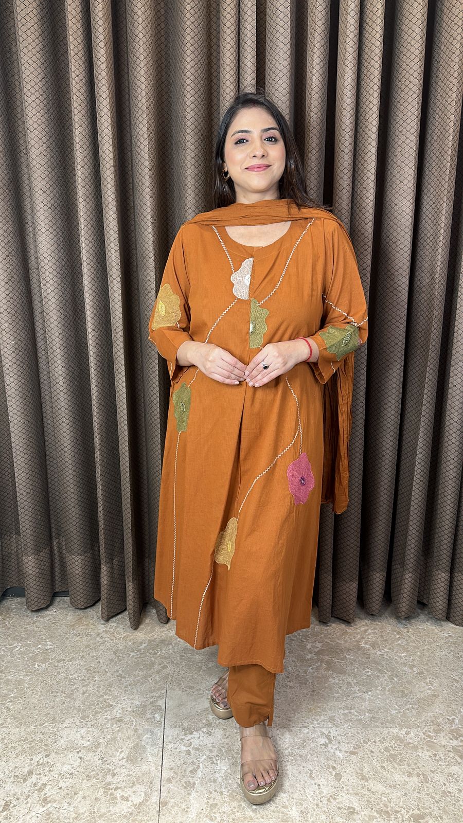 Rust Brown Floral Appliqué Kurta Set with Dupatta