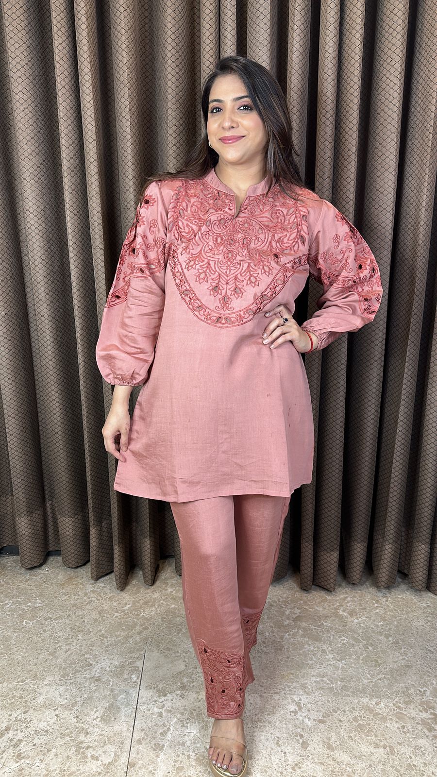 Dusty Rose Cut-work Co-ord Set with Statement Sleeves