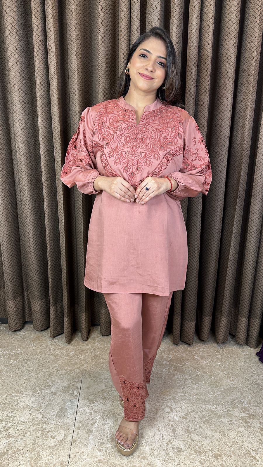 Dusty Rose Cut-work Co-ord Set with Statement Sleeves