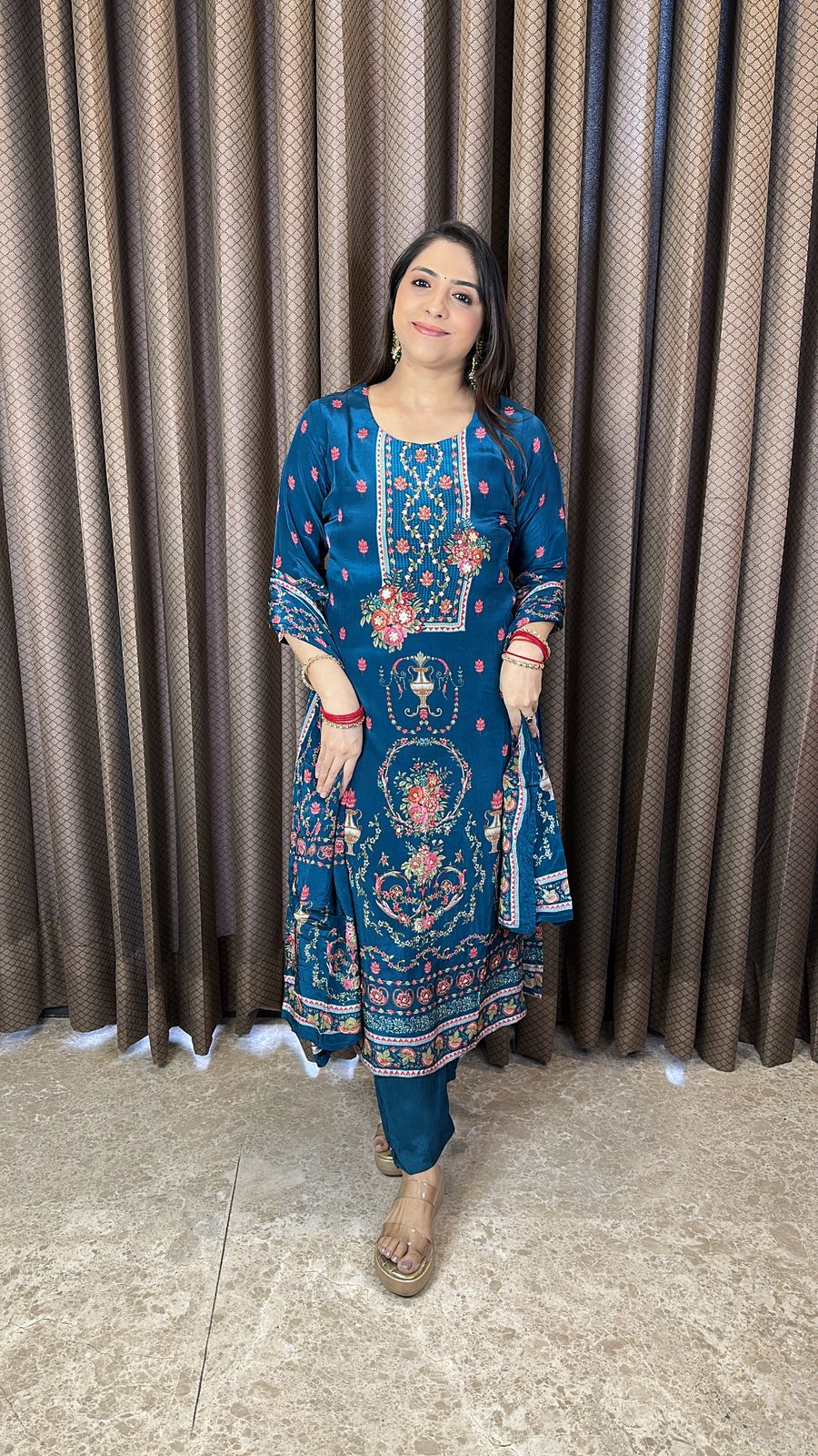 Teal Blue Floral Printed Straight Kurta Set with Dupatta