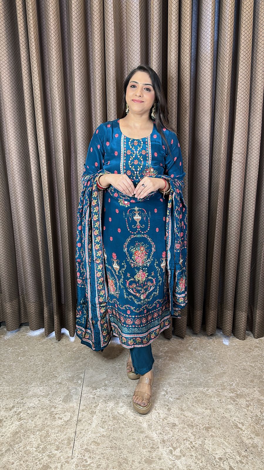 Teal Blue Floral Printed Straight Kurta Set with Dupatta