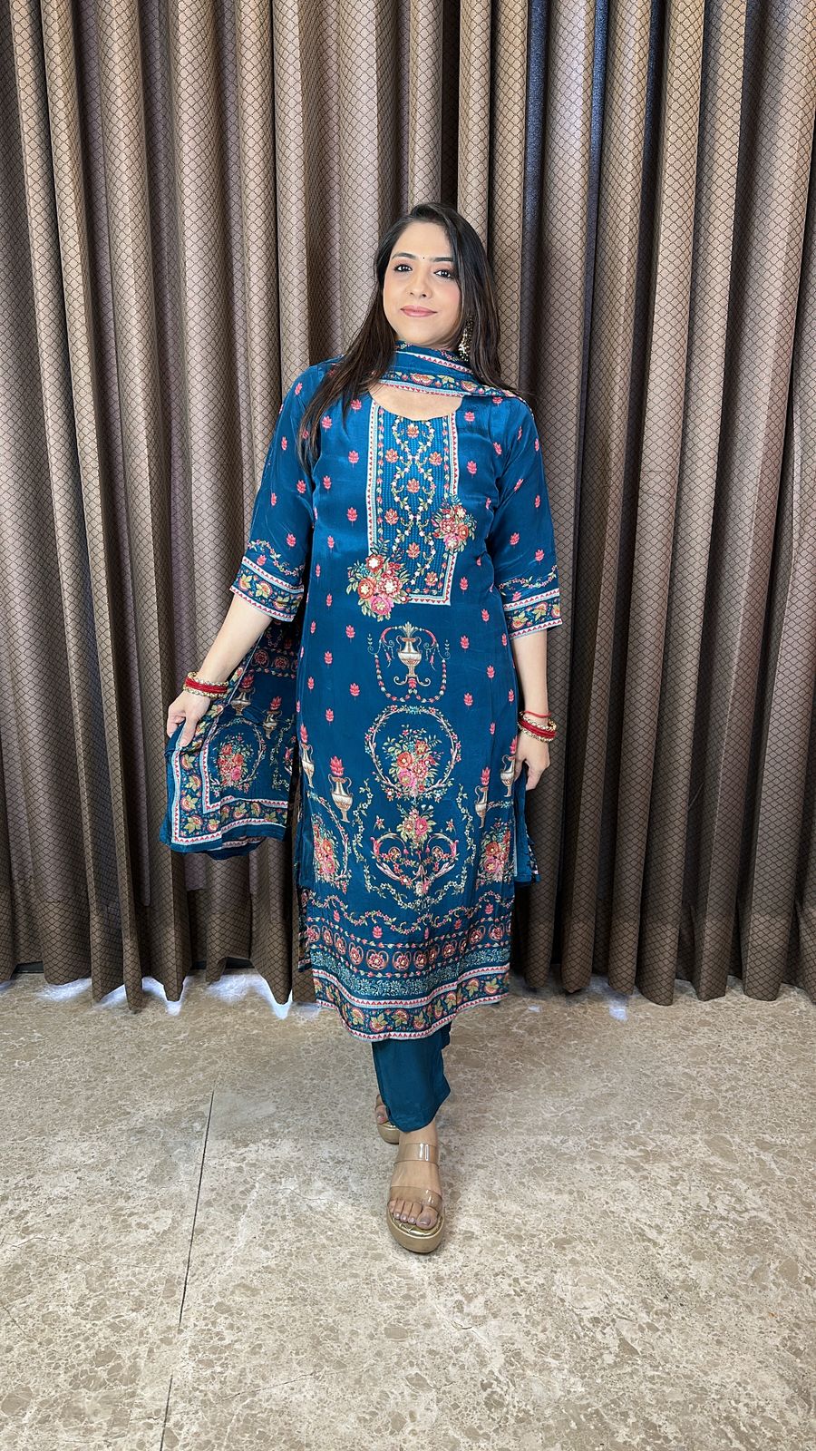 Teal Blue Floral Printed Straight Kurta Set with Dupatta