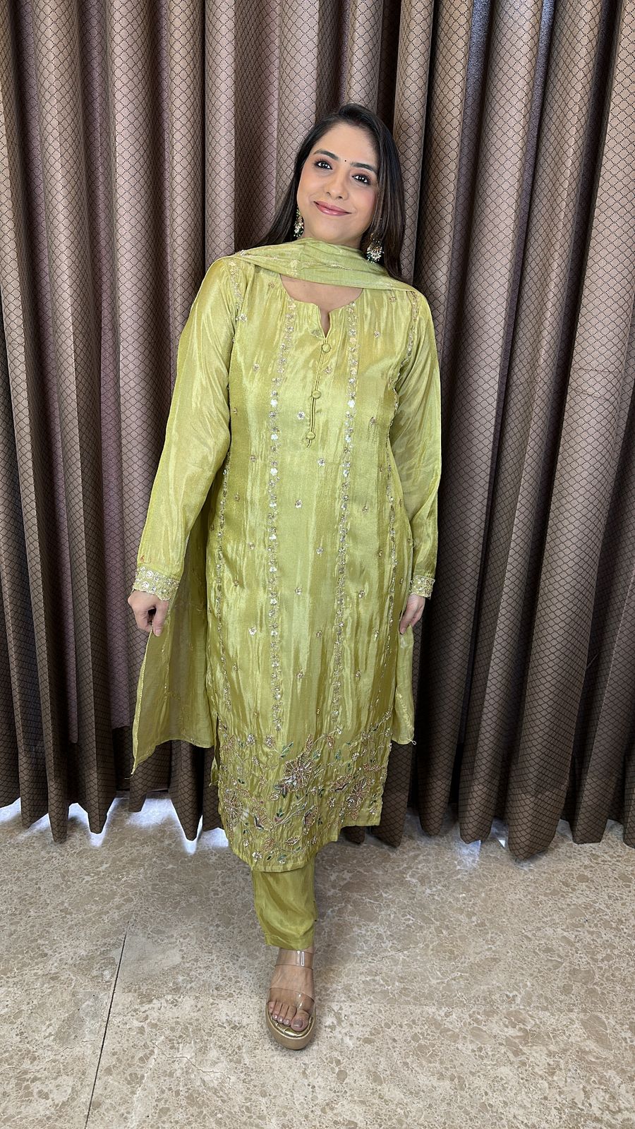 Olive Green Hand-work Straight Kurta Set with Dupatta