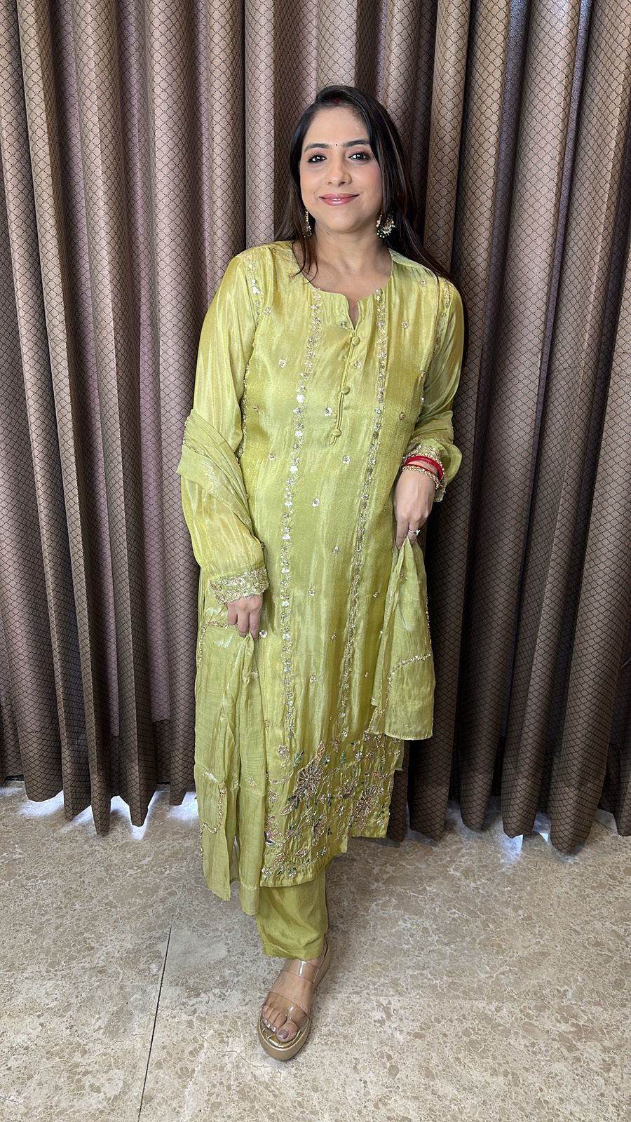 Olive Green Hand-work Straight Kurta Set with Dupatta