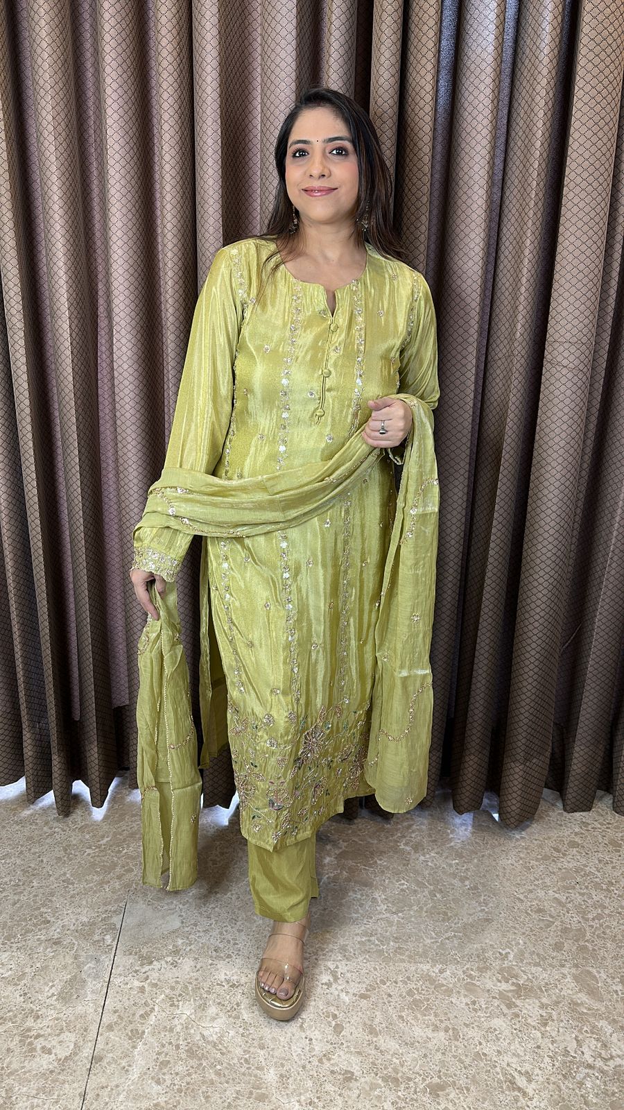 Olive Green Hand-work Straight Kurta Set with Dupatta