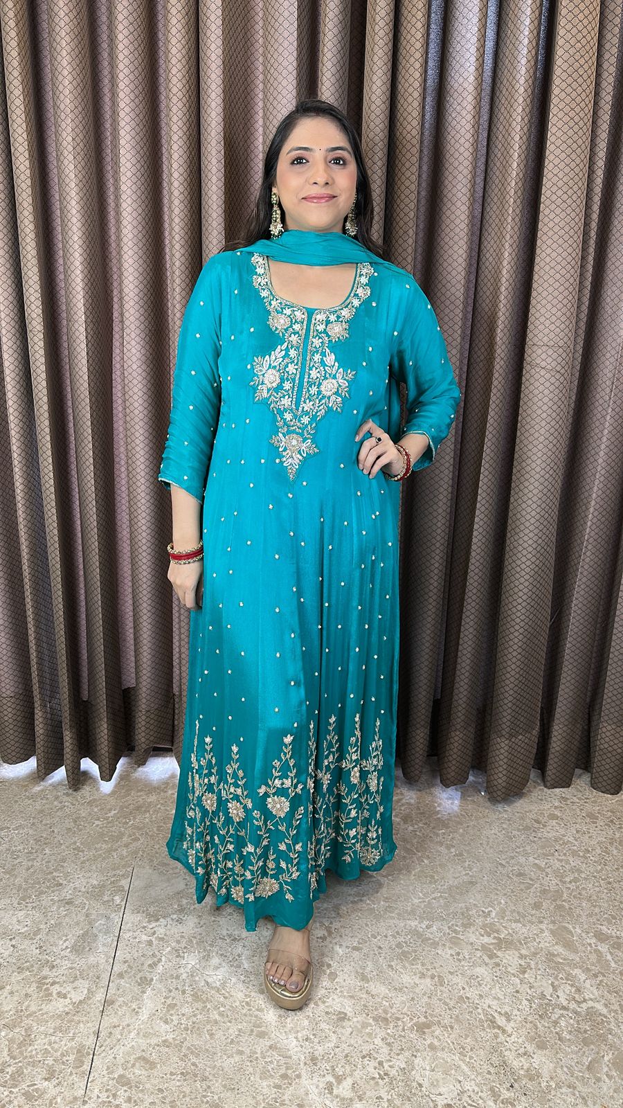 Turquoise Blue Embroidered Anarkali Kurta Set with Dupa