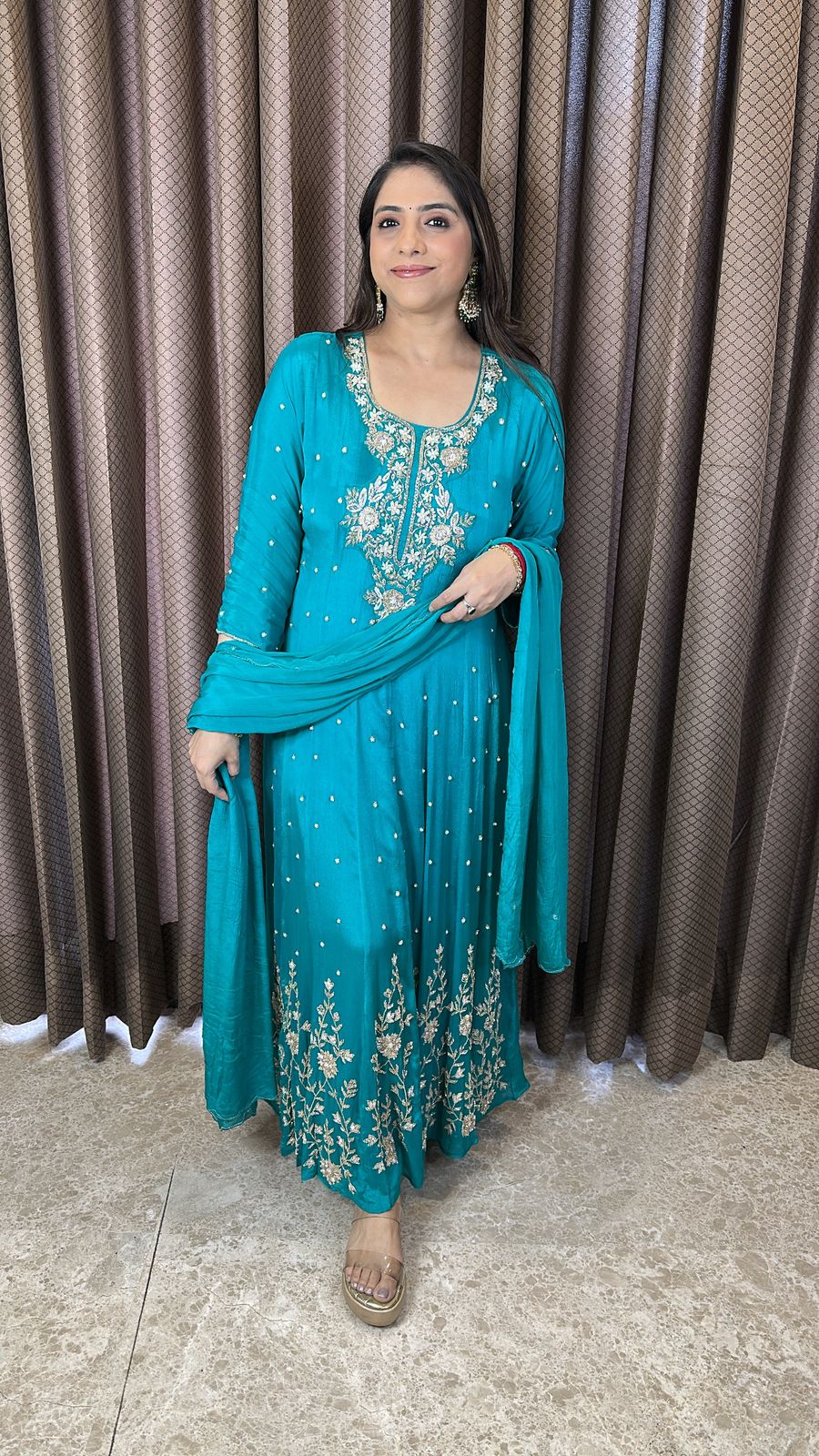 Turquoise Blue Embroidered Anarkali Kurta Set with Dupa