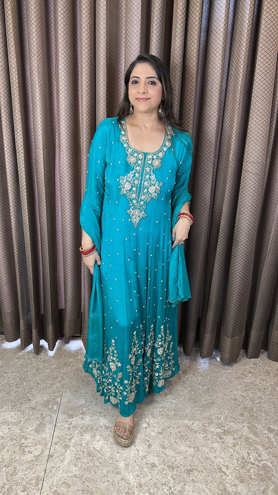 Turquoise Blue Embroidered Anarkali Kurta Set with Dupa