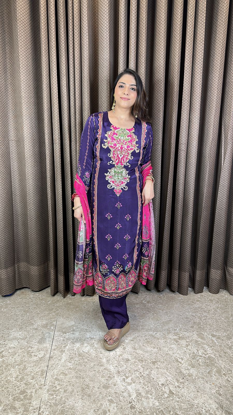 Purple Floral Printed Straight Kurta Set with Dupatta