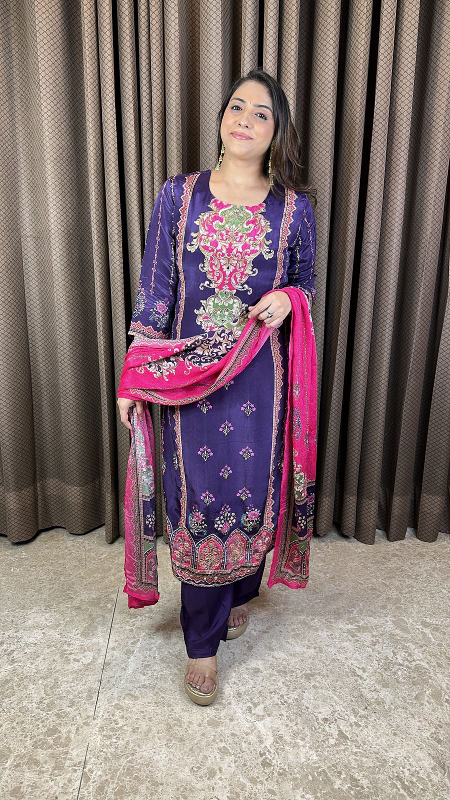 Purple Floral Printed Straight Kurta Set with Dupatta