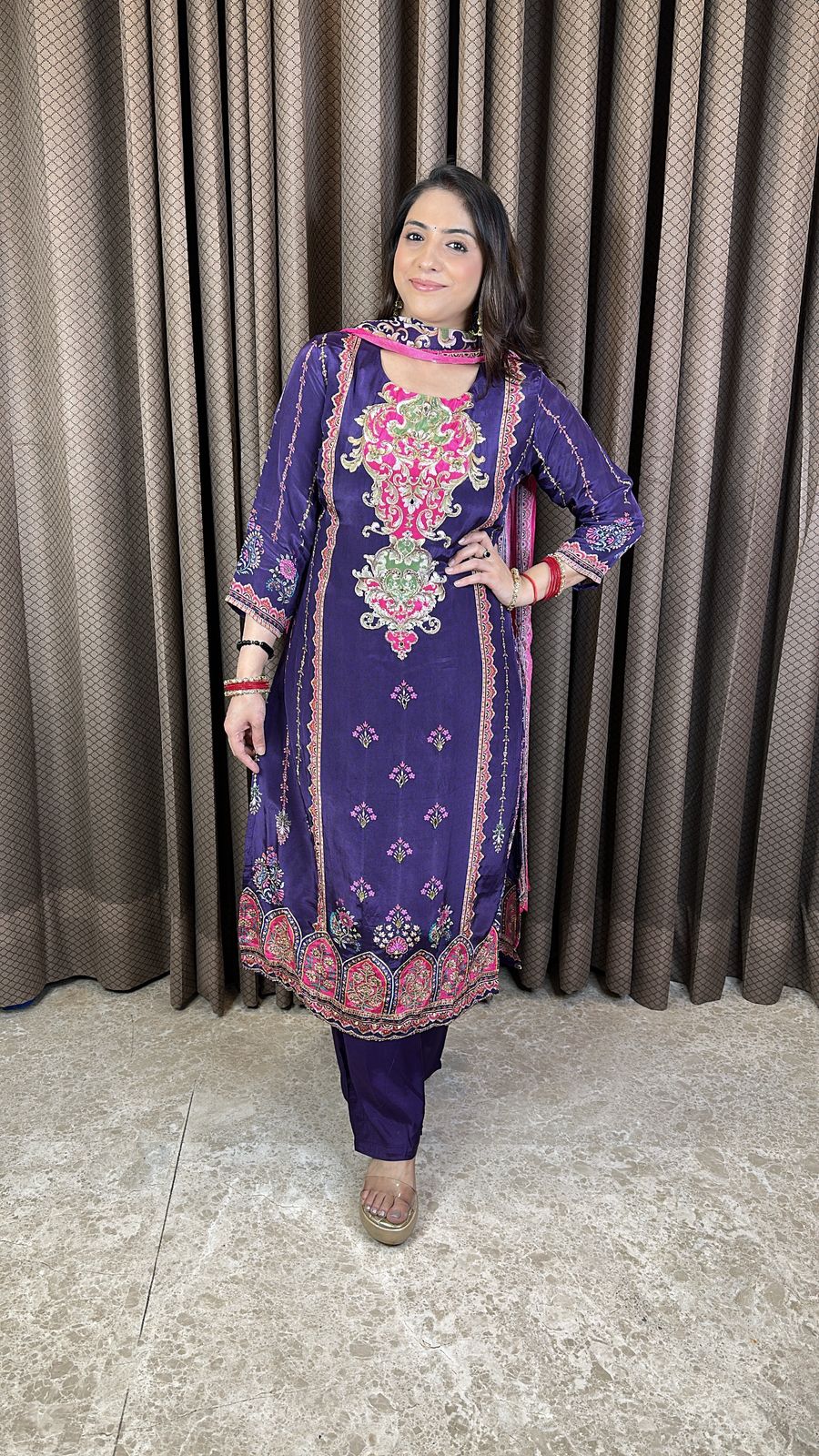 Purple Floral Printed Straight Kurta Set with Dupatta