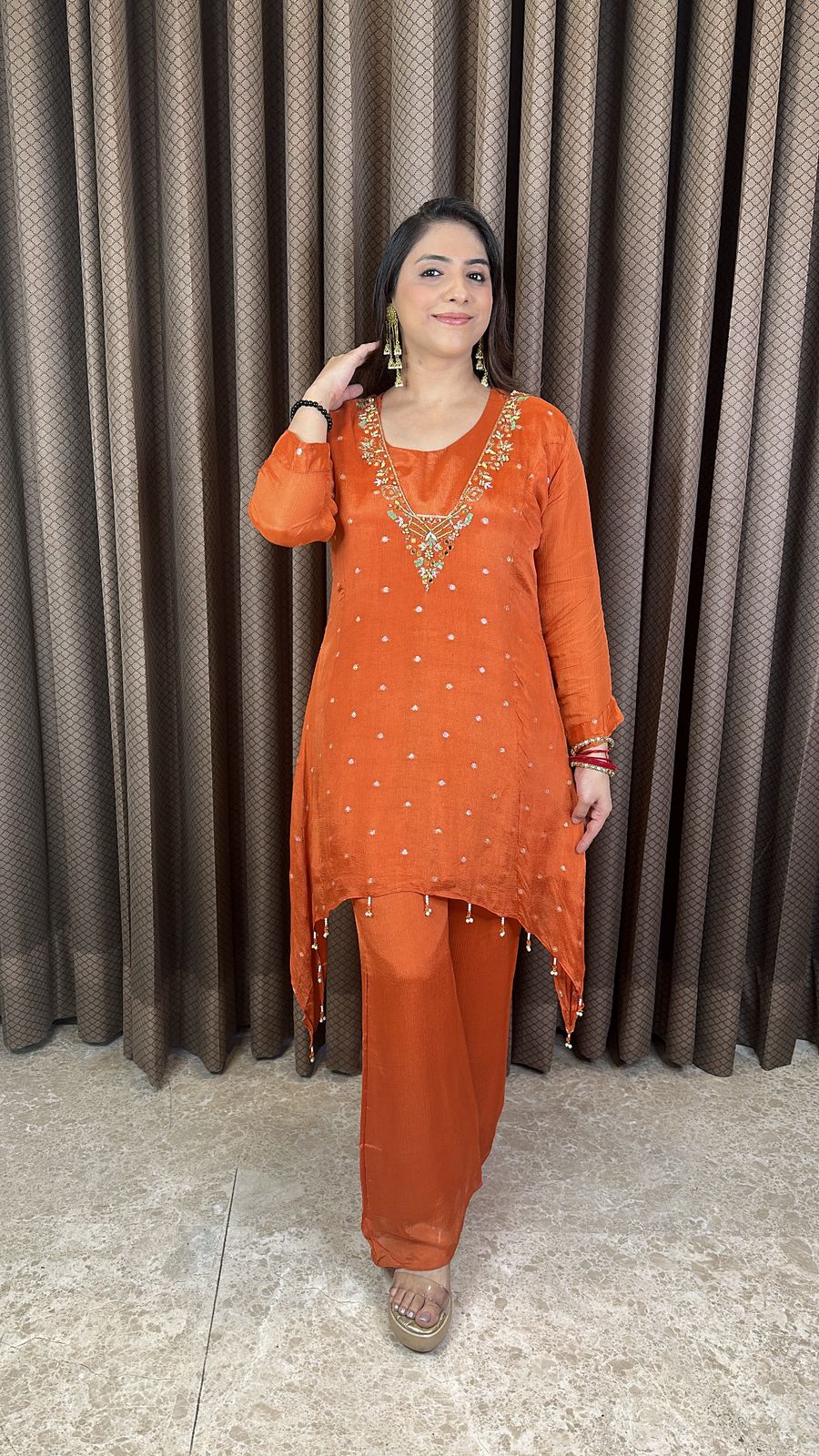 Rust Mirror Work Asymmetrical Kurta Set with Pants