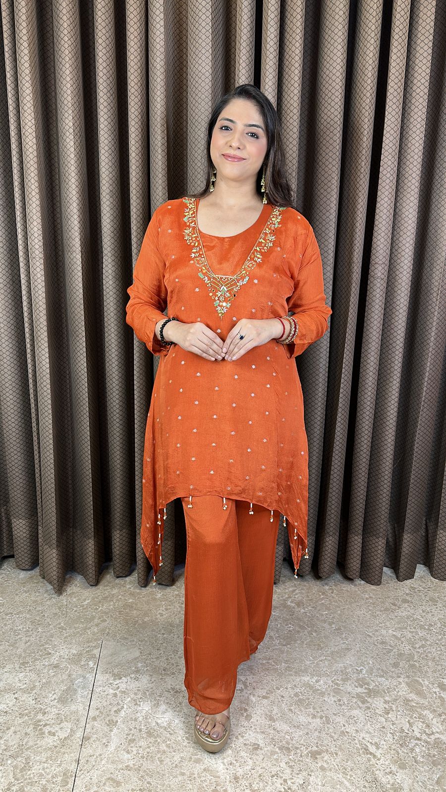 Rust Mirror Work Asymmetrical Kurta Set with Pants