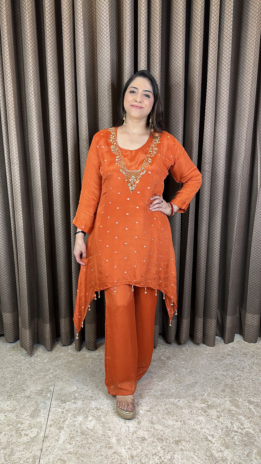 Rust Mirror Work Asymmetrical Kurta Set with Pants