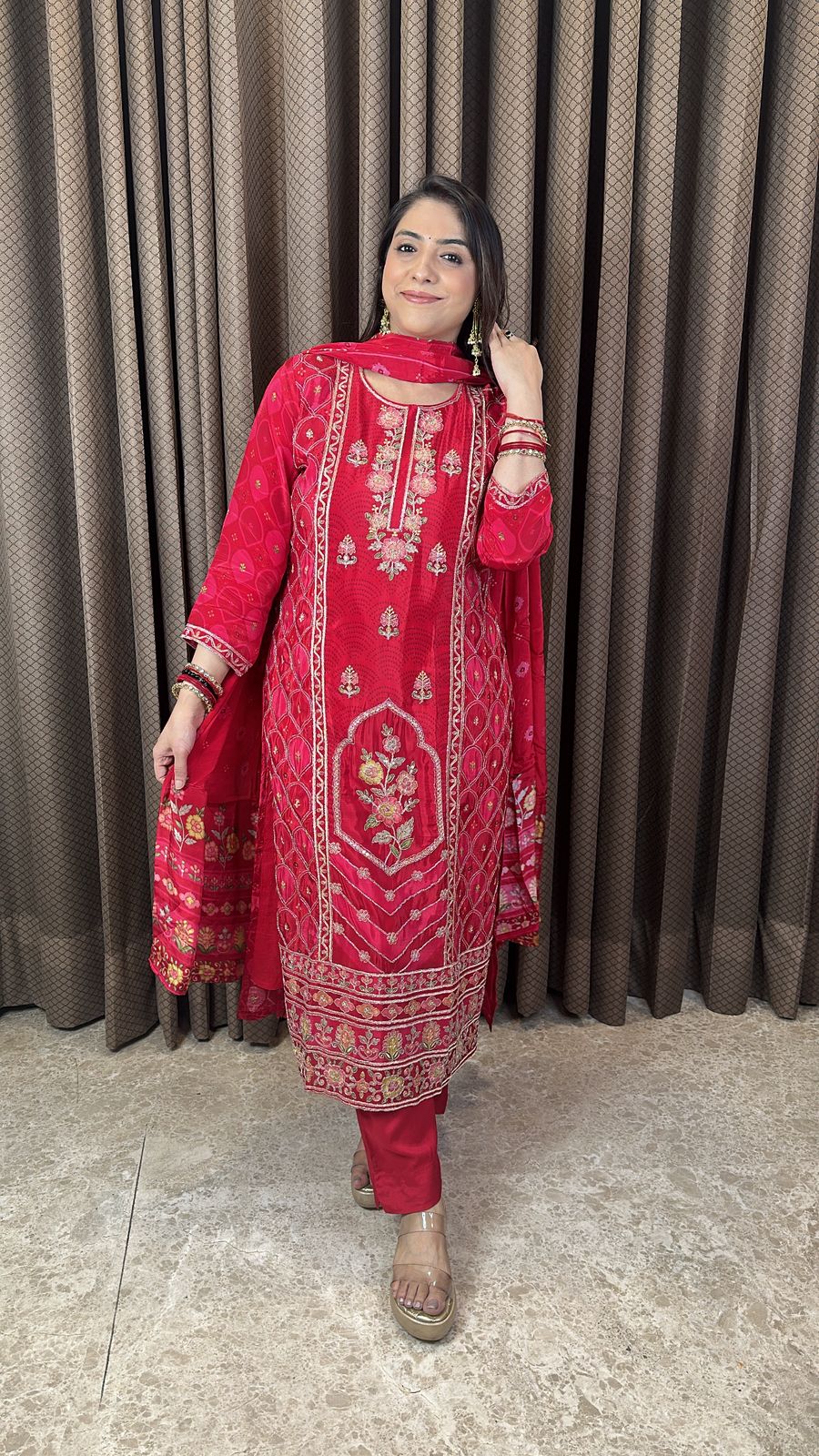 Red Digital Print with Zari work Kurta Set with Dupatta