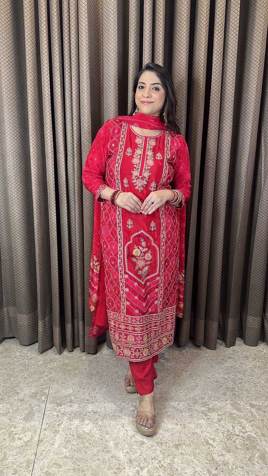 Red Digital Print with Zari work Kurta Set with Dupatta