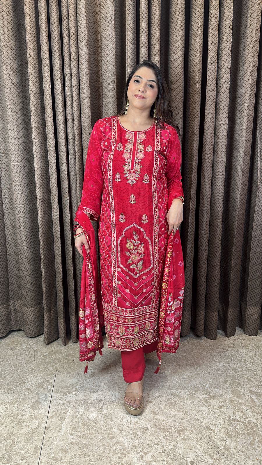 Red Digital Print with Zari work Kurta Set with Dupatta