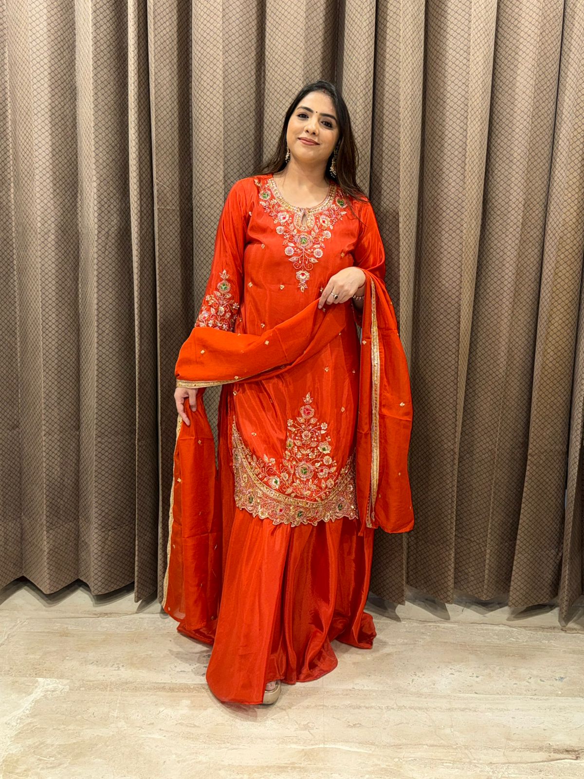 Rust Embroidered Straight Kurta Set with Palazzo