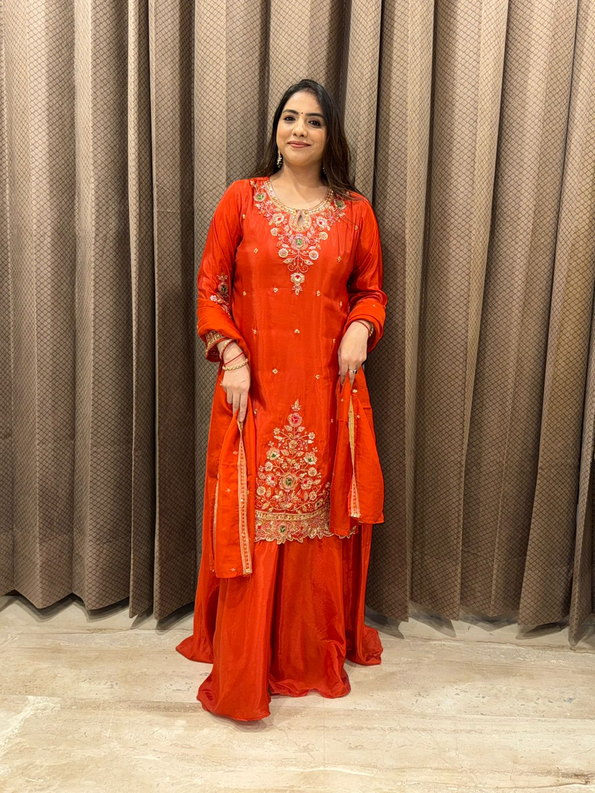 Rust Embroidered Straight Kurta Set with Palazzo