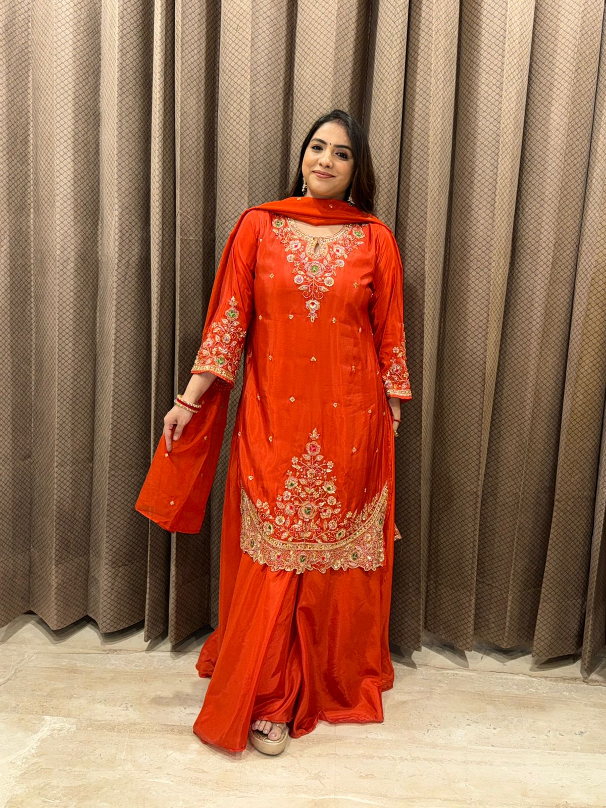 Rust Embroidered Straight Kurta Set with Palazzo