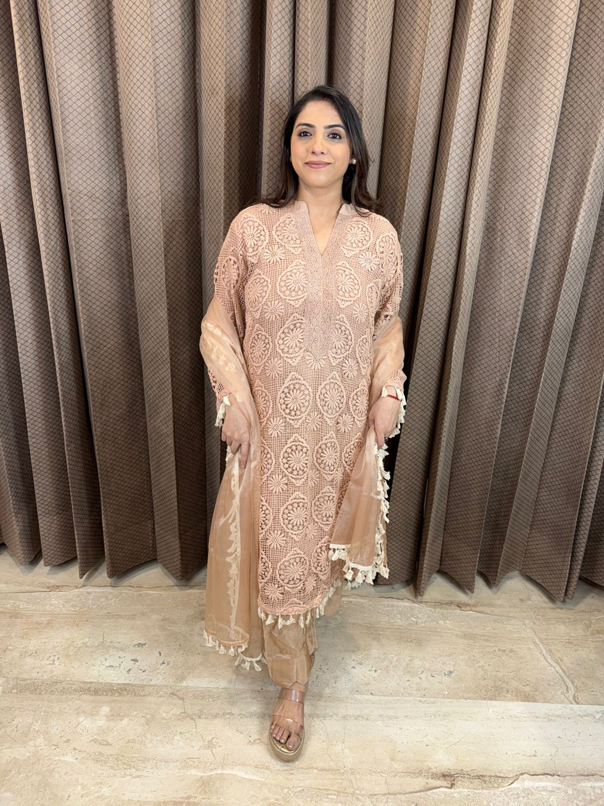 Beige Crotia Kurta Set with Tassel-Edged Dupatta