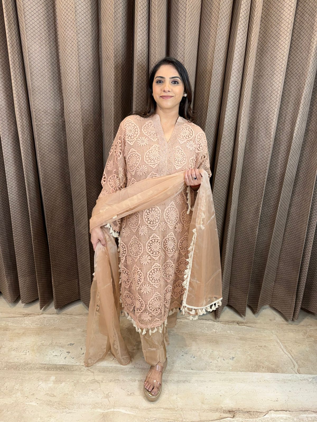 Beige Crotia Kurta Set with Tassel-Edged Dupatta