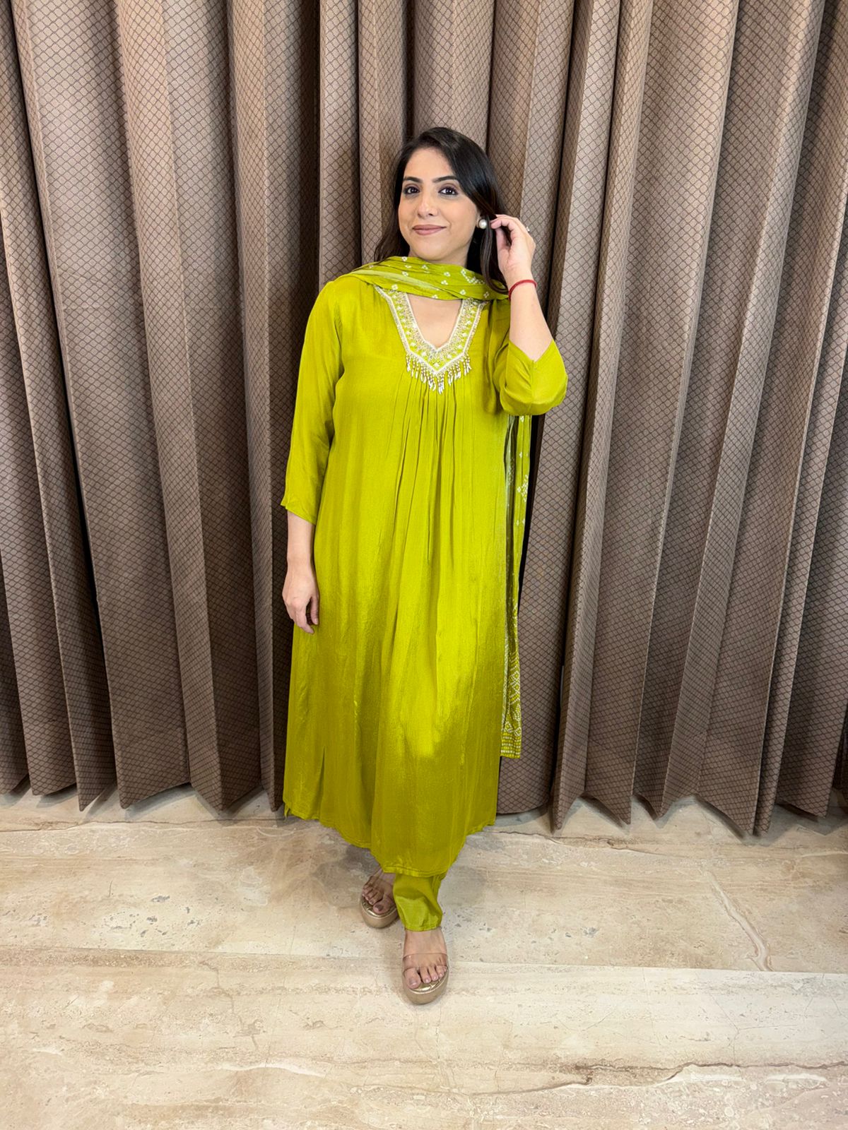 Lime Green Pleated Kurta Set with Embroidered Neckline & Dupatta