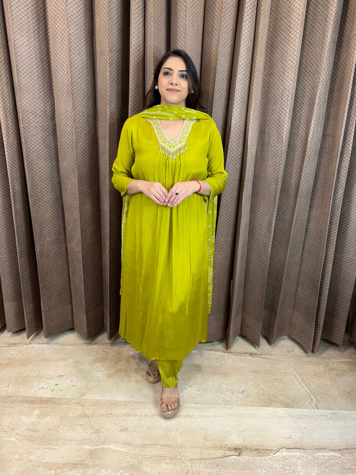 Lime Green Pleated Kurta Set with Embroidered Neckline & Dupatta