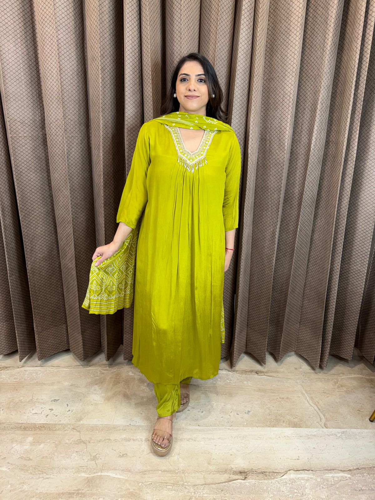 Lime Green Pleated Kurta Set with Embroidered Neckline & Dupatta