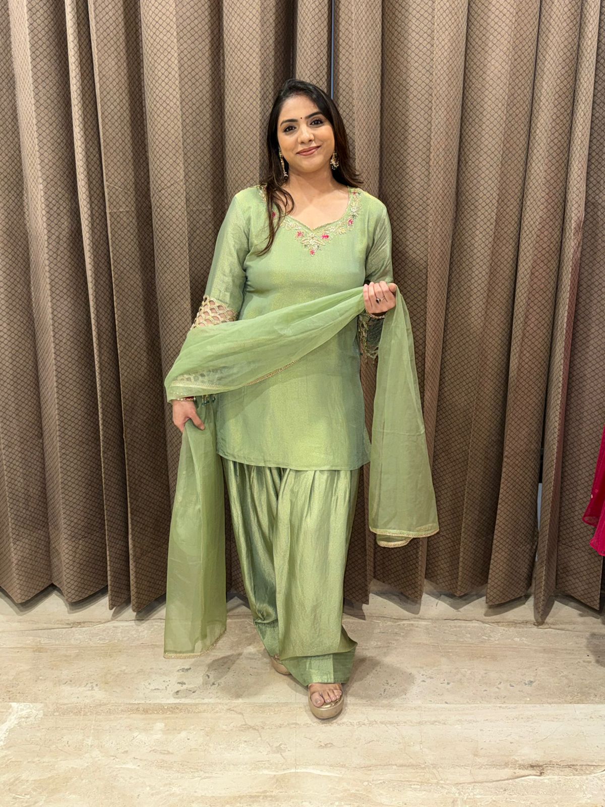 Pastel Green Farshi Potli Suit with Hand-work Sleeves & Dupatta