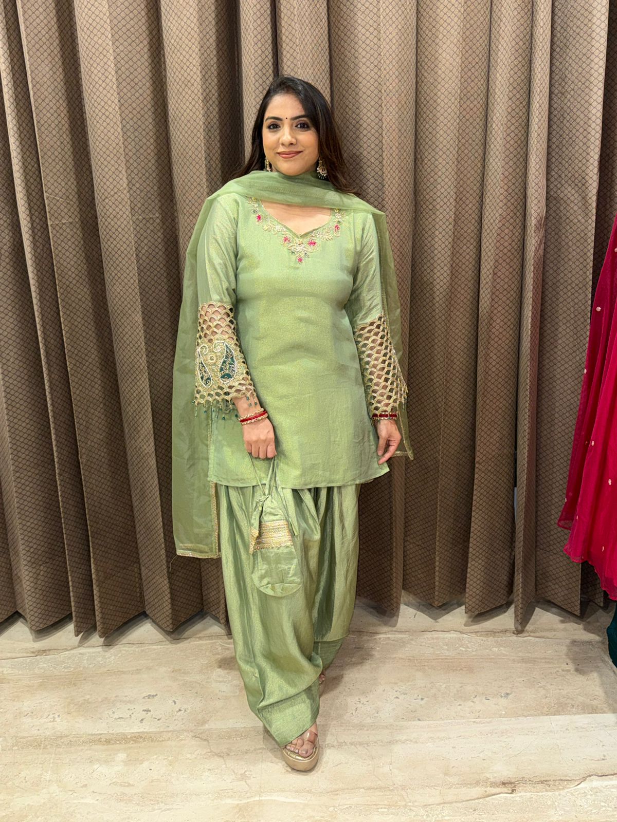 Pastel Green Farshi Potli Suit with Hand-work Sleeves & Dupatta