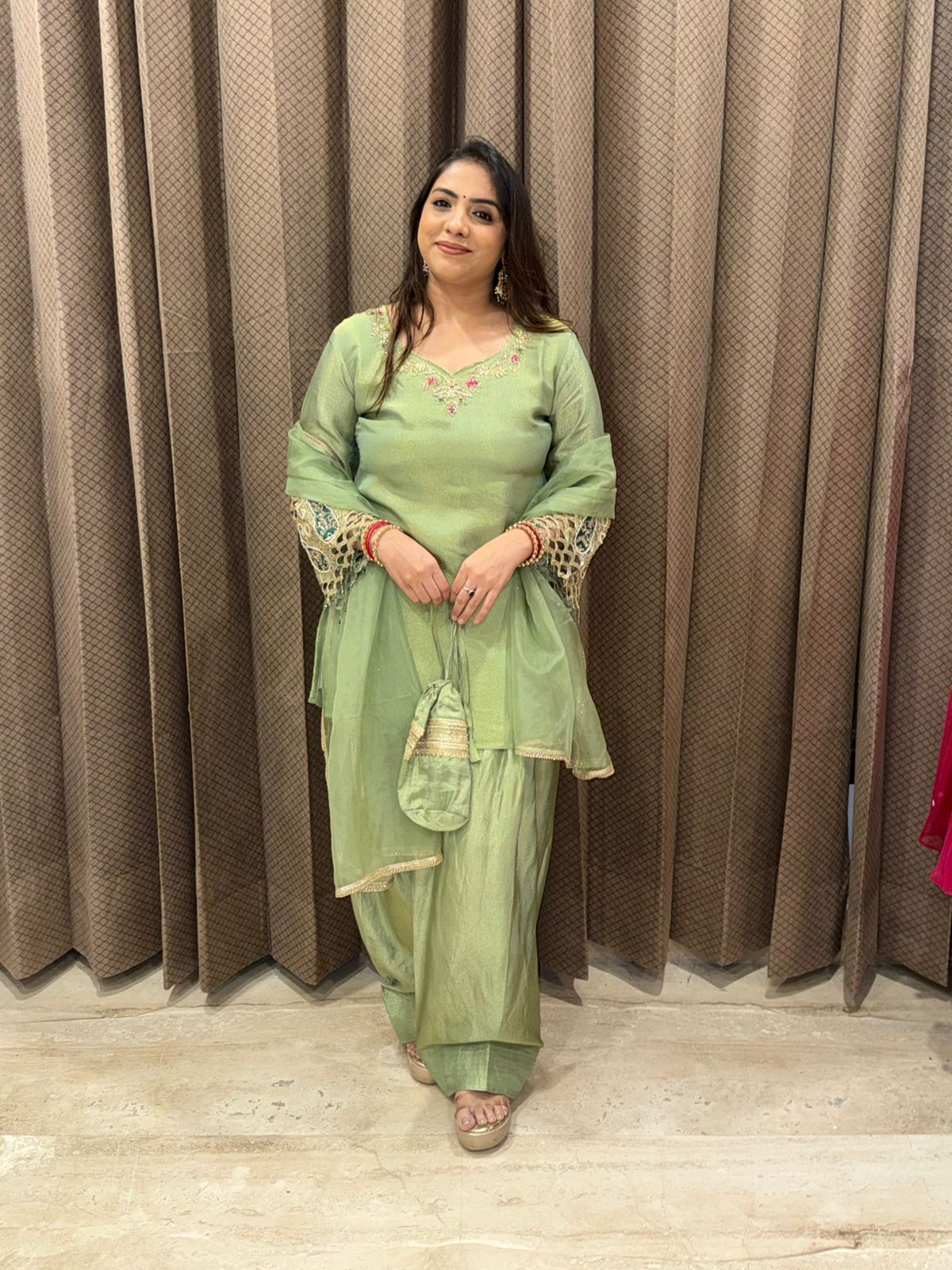 Pastel Green Farshi Potli Suit with Hand-work Sleeves & Dupatta
