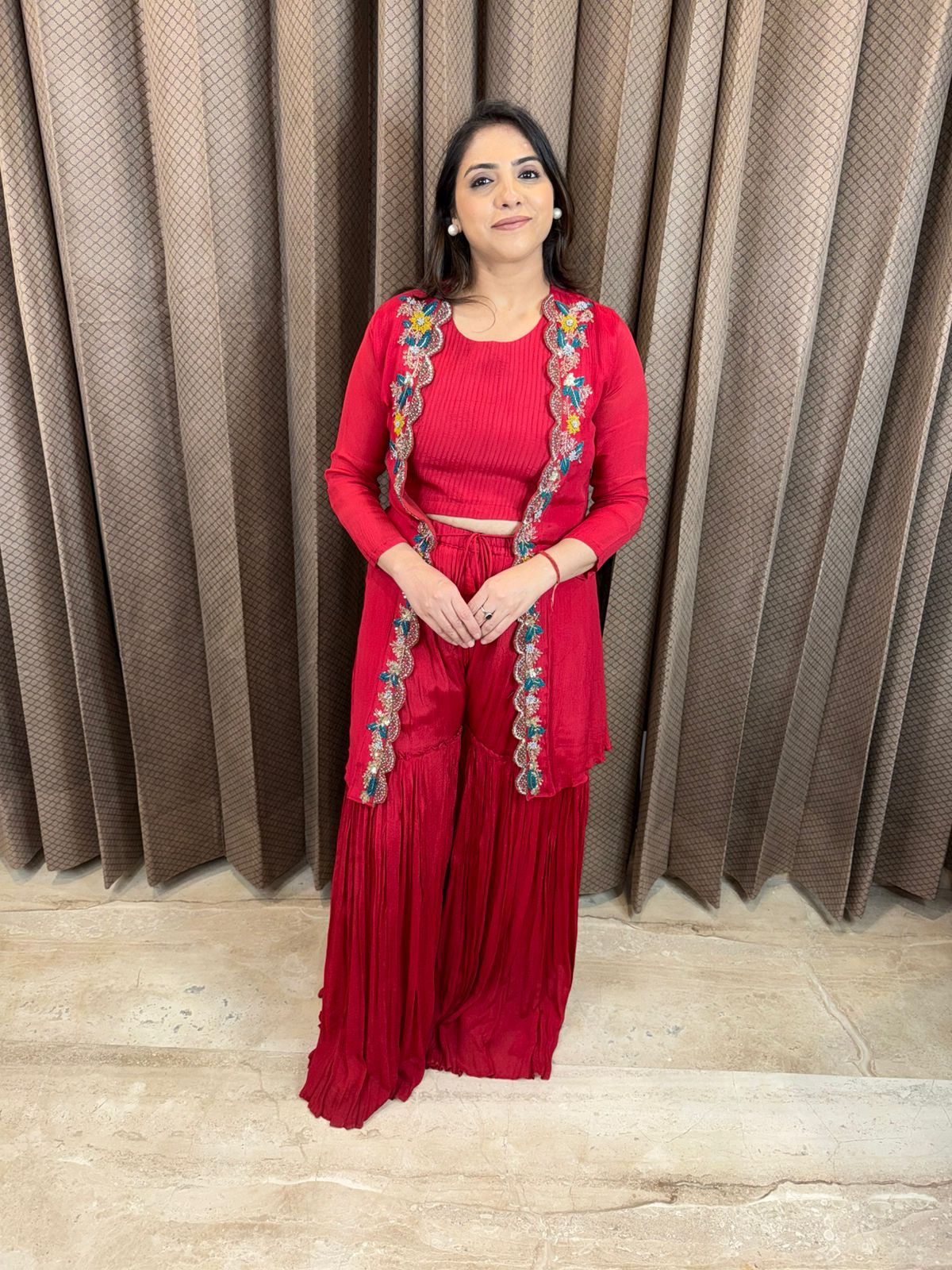 Red Embroidered Jacket Style Indo-Western Set