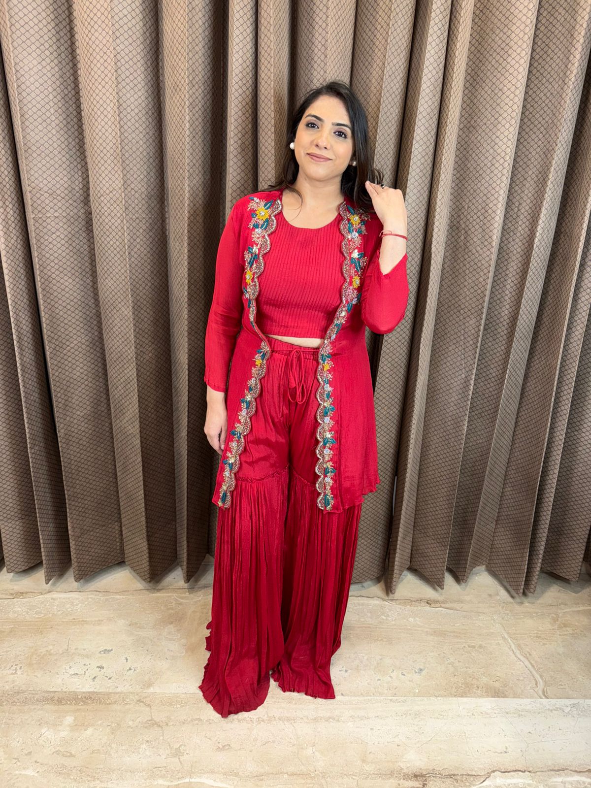 Red Embroidered Jacket Style Indo-Western Set