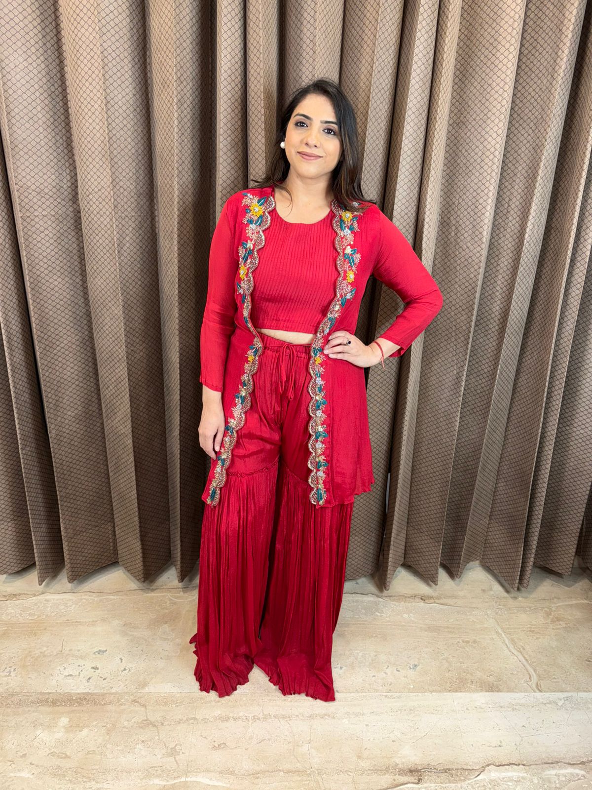 Red Embroidered Jacket Style Indo-Western Set