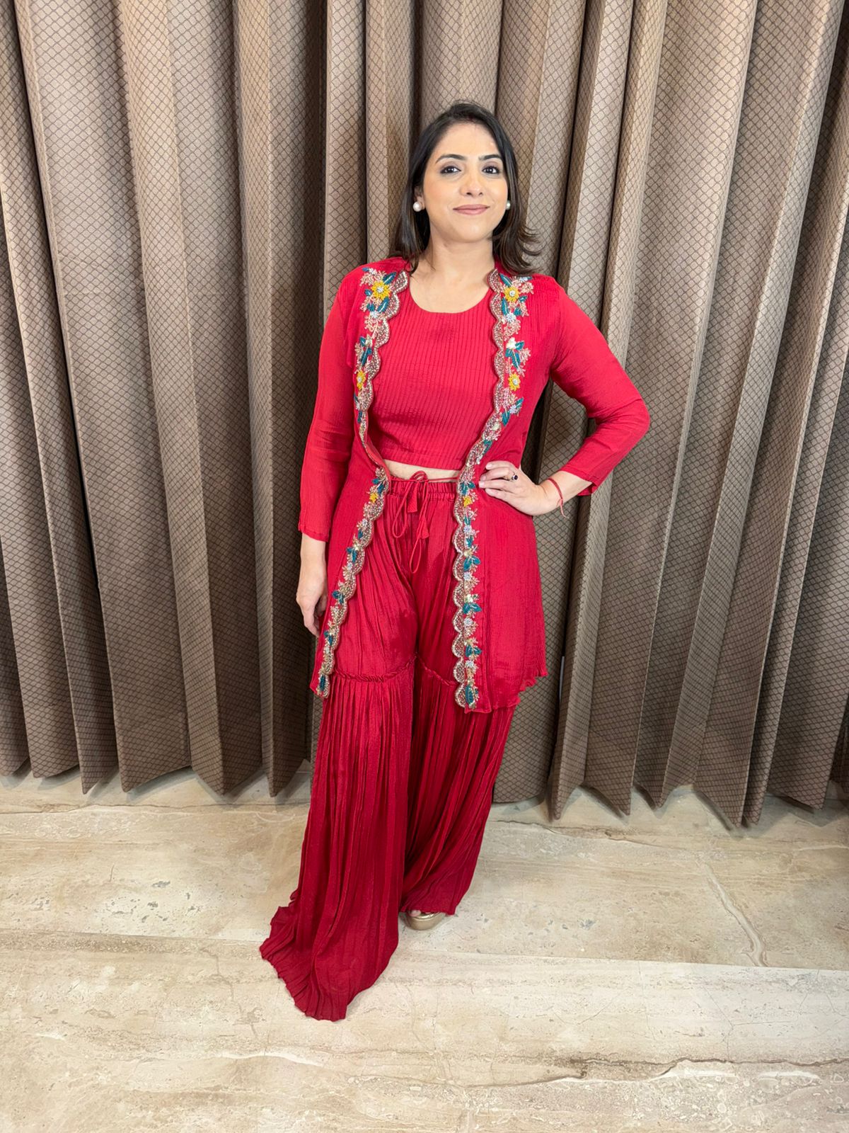 Red Embroidered Jacket Style Indo-Western Set