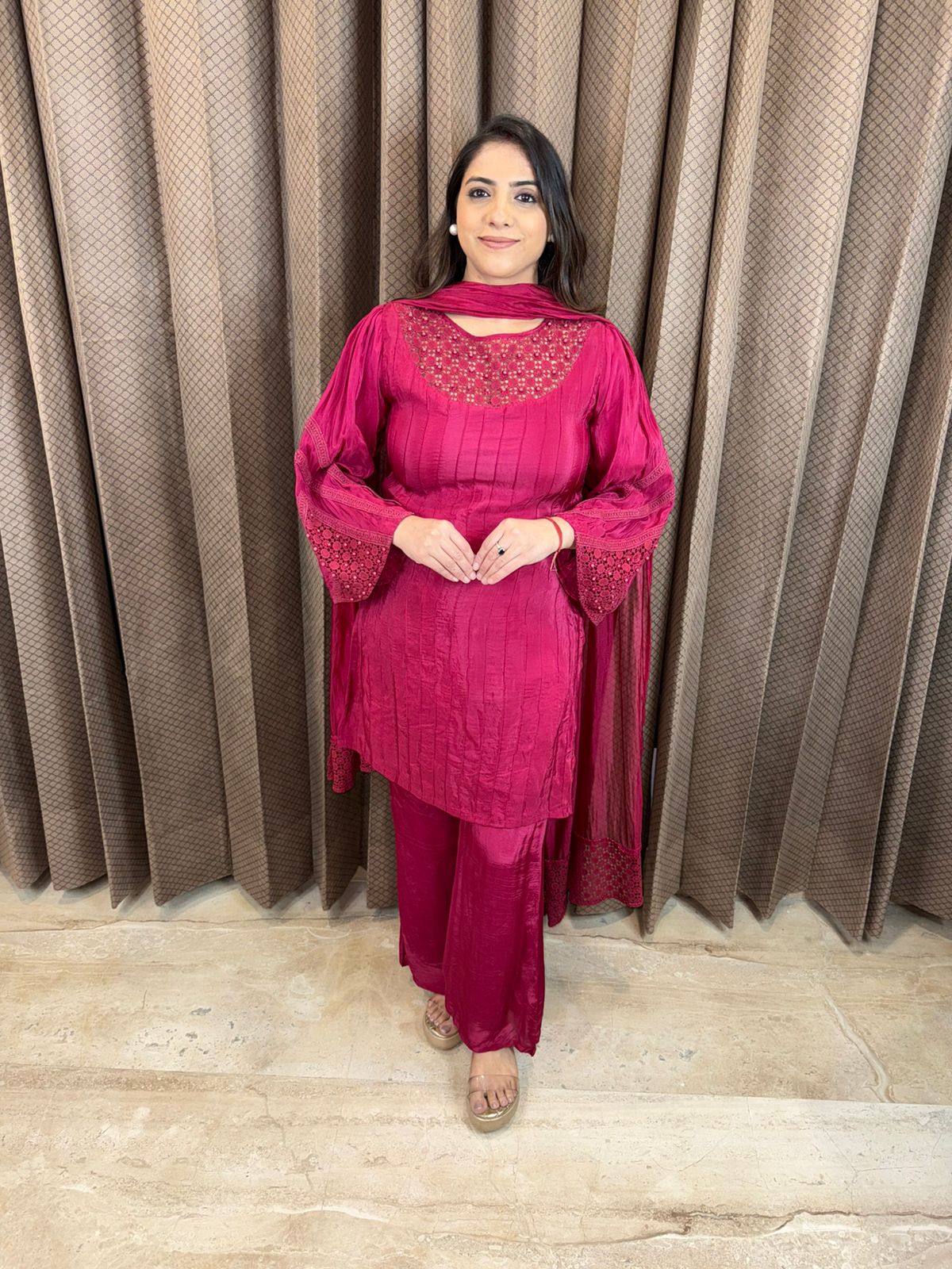 Wine Embroidered Kurta Set with Bell Botts & Dupatta