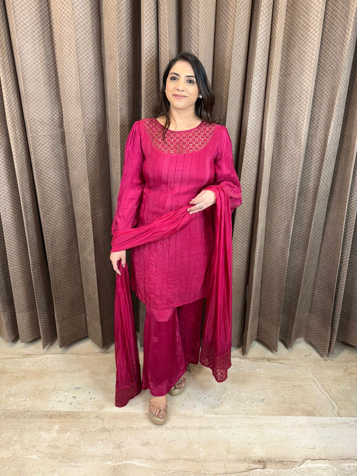 Wine Embroidered Kurta Set with Bell Botts & Dupatta